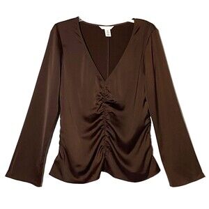 HM Satin Cinched Blouse Women's Medium Brown Trumpet Sleeves V-Neck Pullover